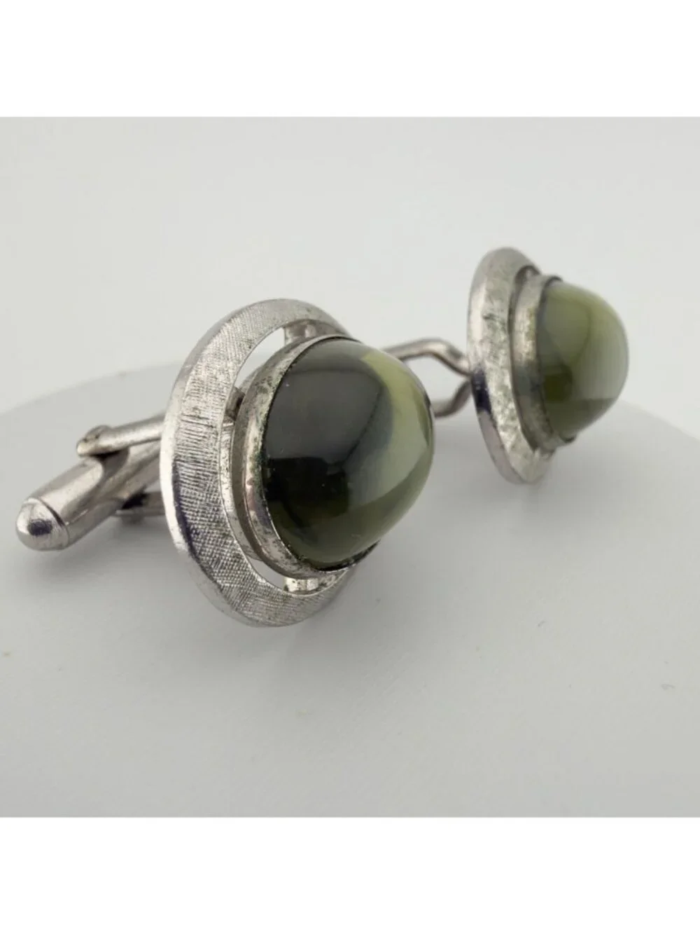 Vintage Green Domed Cabochon Cuff Links Silver Tone Mid Century